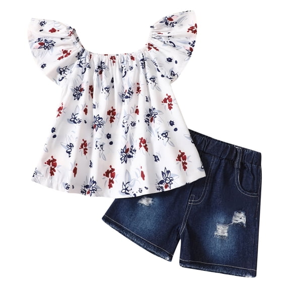 Toddler Girls Outfits Ruffle Sleeveless Suit Floral Prints Tops Denim Jeans Shorts Set Kids 2 Piece Summer Clothing Clothes