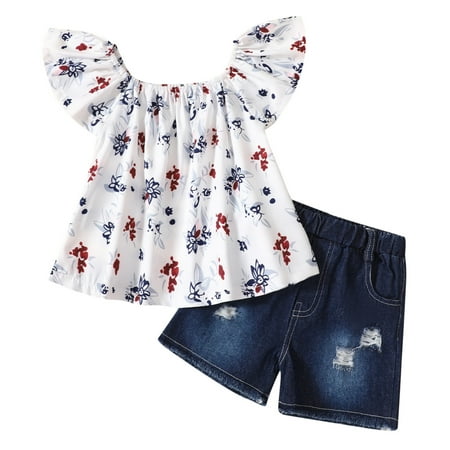 

2DXuixsh Girls Outfits Size 7 Toddler Girls Fly Sleeve Floral Prints Tops and Jeans Shorts Two Piece Casual Suit Outfits Girl Clothes 7 White Size 120