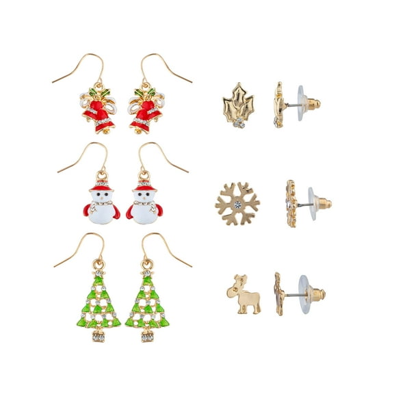 Lux Accessories Gold Tone Christmas Tree Snowman Bells Snowflakes Stud Earrings