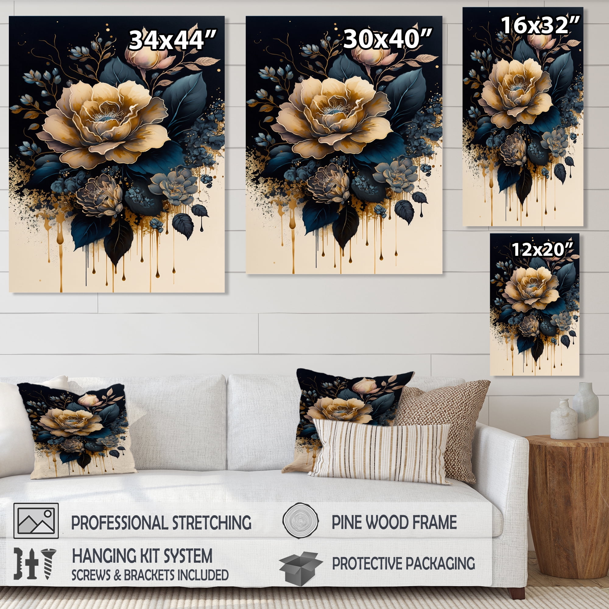 Designart Navy Blue And Gold Rose I Canvas Wall Art