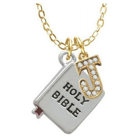 Bible with Cross - J - Gold Tone Crystal Initial Sophia Necklace, 18" 1"