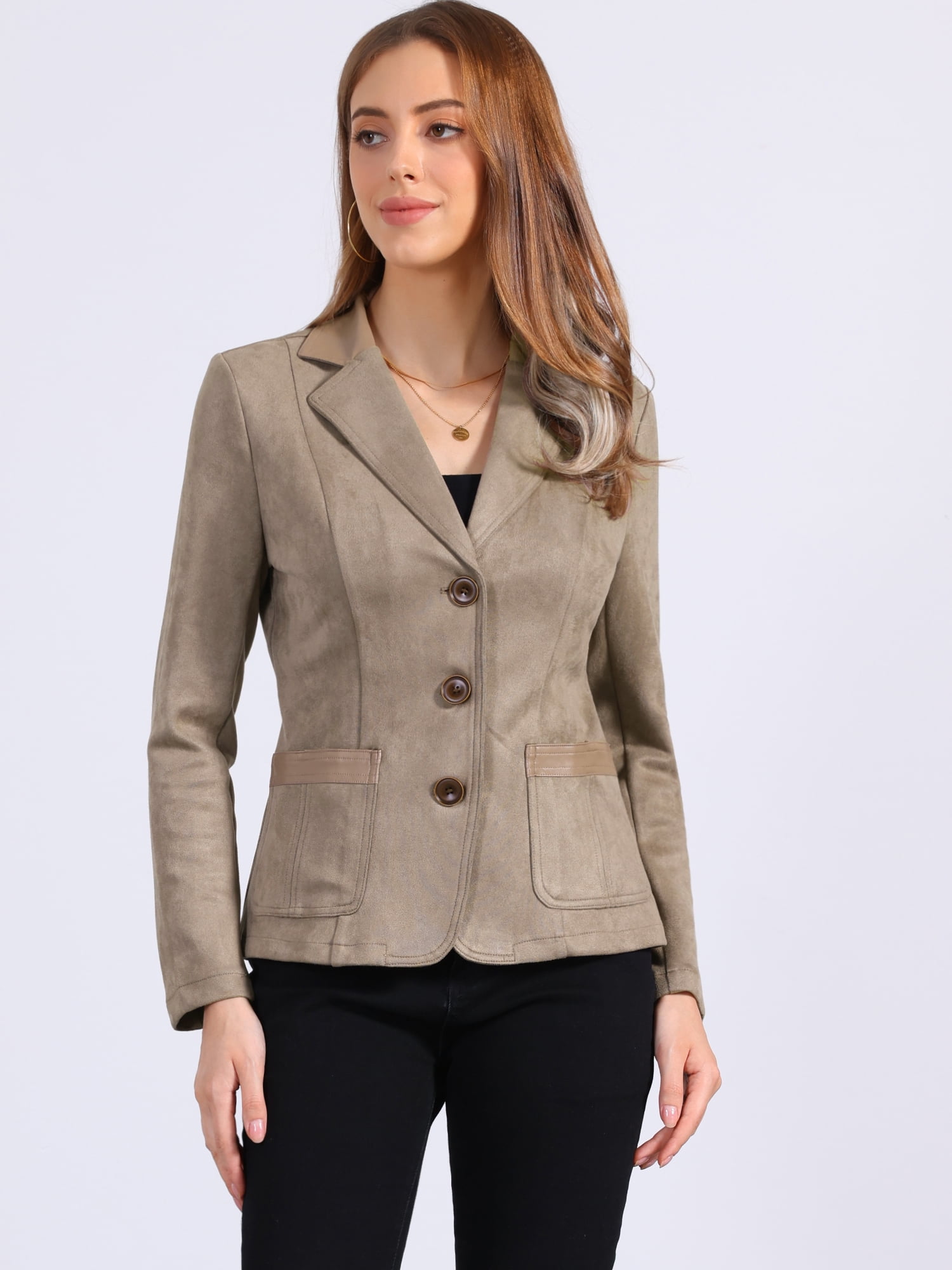 DARING DIVA Women's Faux Suede Lapel Collar Button Down Long Sleeve Blazer L Desert Tan