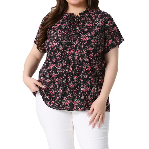 Blusas de verano casuales de mujer plus size con cuello atado y pliegues, estampado floral, 1X, negro y rojo