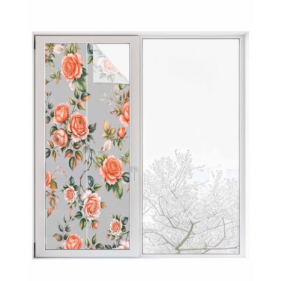 Window Privacy Film Red Rose Stained Glass Window Film Decorative Sun Block Window Cover Farmhouse Romantic Botanical Floral Vines Window Clings Static Adhesive Sticker for Bathroom 23.6"x59"