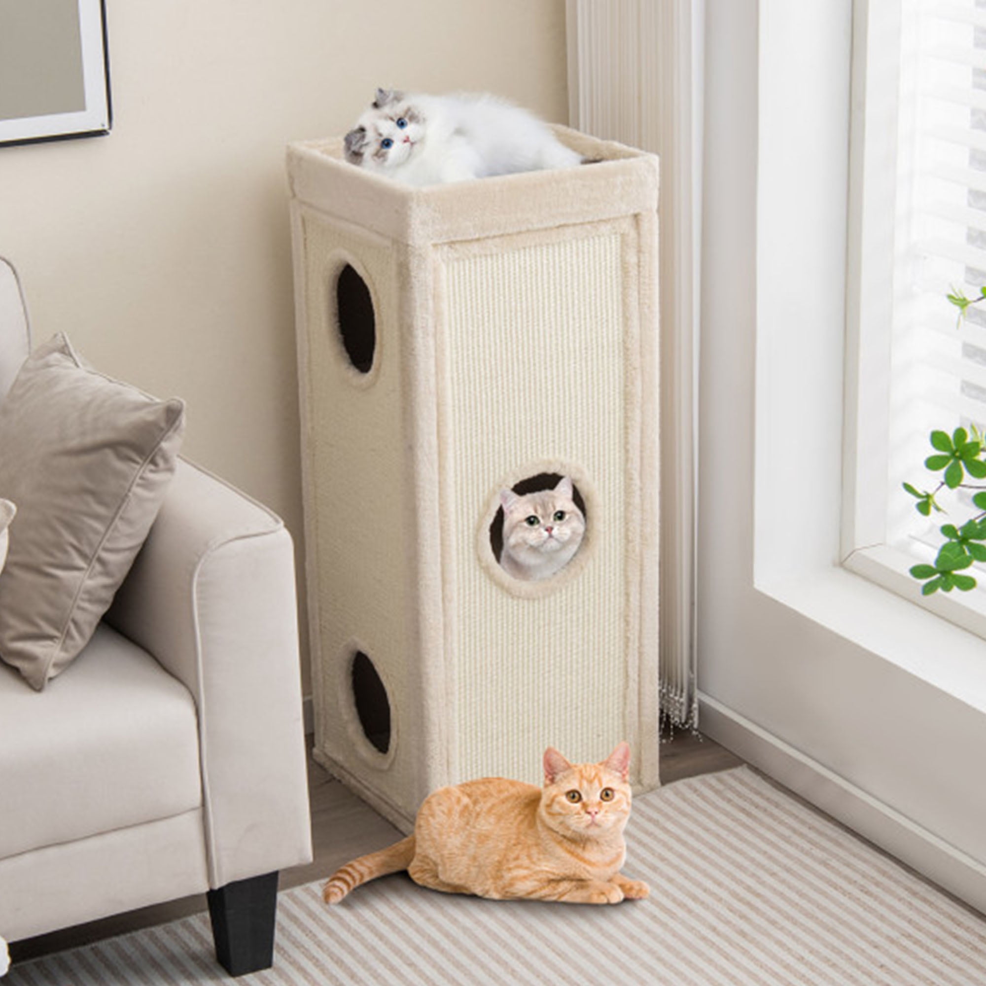 Kadyn 39" Indoor Cat Cave Bed, Cat House Scratcher Furniture, Cat Condo with Scratching Posts, 3 Hideaways, 4 Soft Plush Cushions, Beige