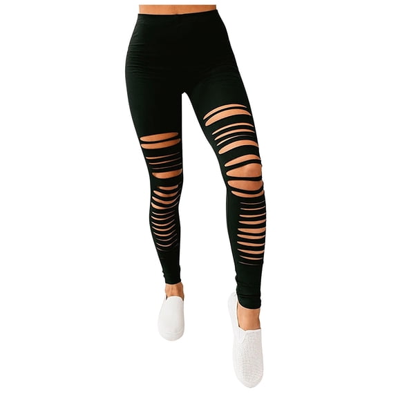 Staron Women's Slim Stretch Yoga Pants High Waist Casual Leggings with Hole Distressed Fashion Printed Design Outer Wear, Black S