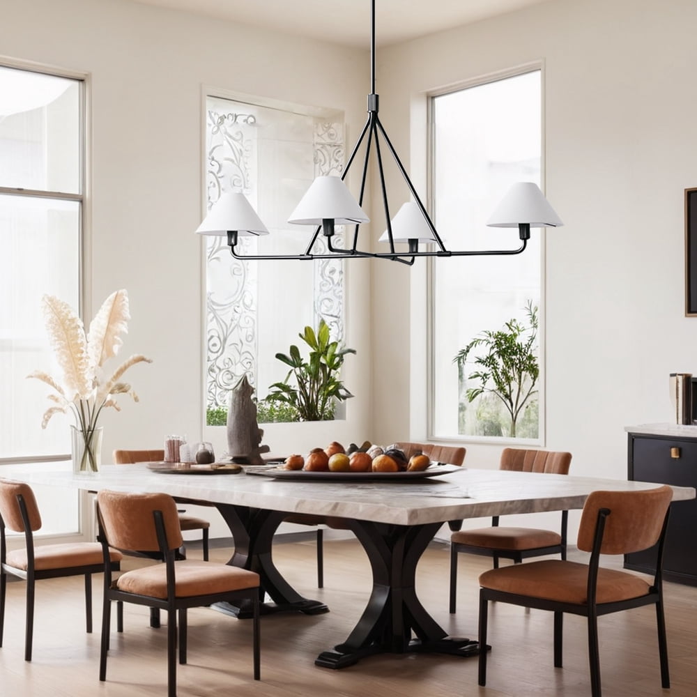 Mid-Century Matte Black  Linen Chandelier 37 Inch ,Conical Ceiling Light with Linen Shade, Natural 4-Light Ceiling Lamp, Organic Ceiling Mounted Light for Living Room, Dining Room