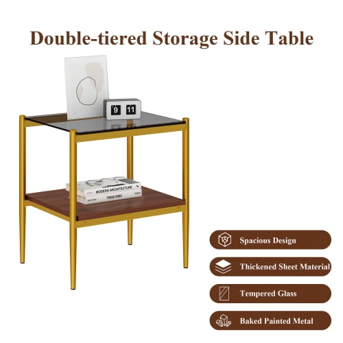MOONMISS 2 Pack Rectangle End Table, Tempered Glass Top Side Table with MDF Frame, Modern Transparent Glass Accent Table for Living Room, Bedroom, Home Decor, Brown/Gold