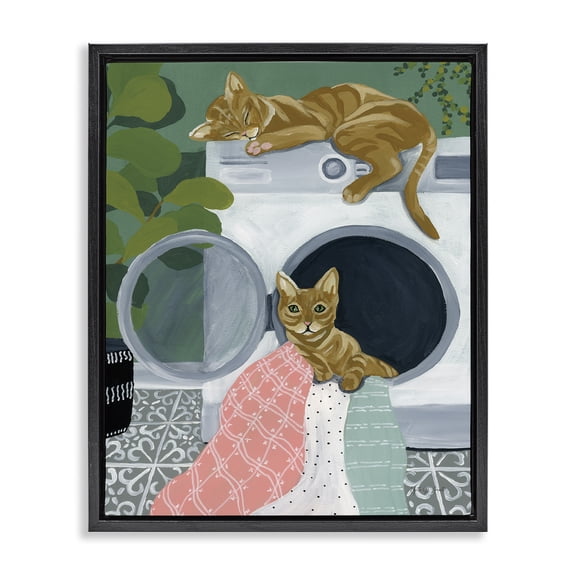 Stupell Industries Cuddling Laundry Cats Bath & Laundry Painting Black Floater Framed Canvas Art Print Wall Art, 17 x 21