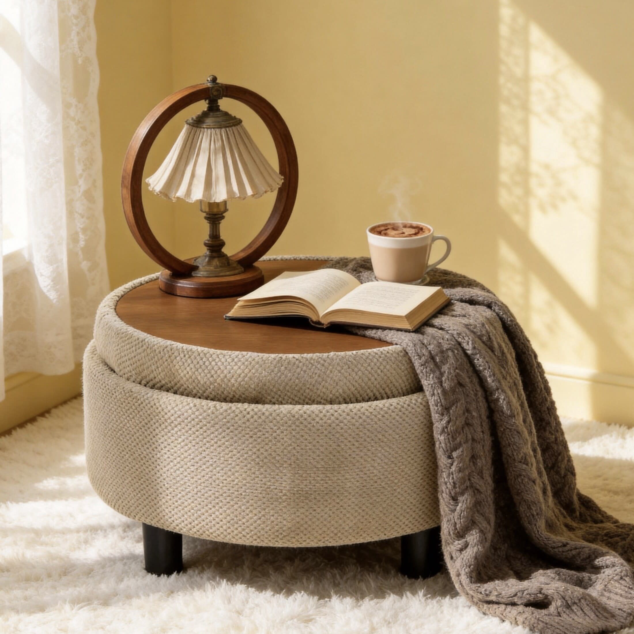 Noble House 25" Round Storage Ottoman with Removable Tray Top, Upholstered Coffee Table, Camel