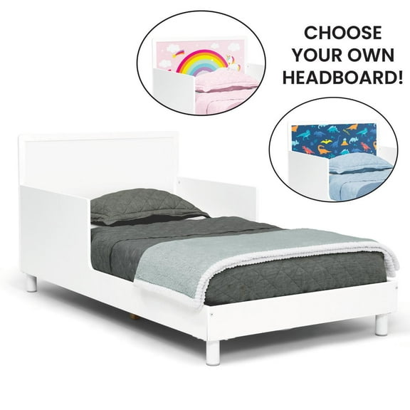 Delta Children Dreamer Toddler Bed (Choose from Dinosaur or Rainbow Headboard Stickers), Bianca White