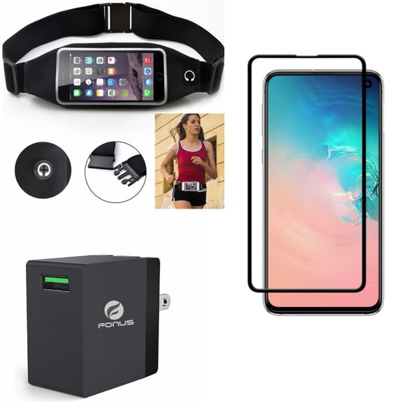 Galaxy S10e Running Waist Bag w Screen Protector w Fast Home Charger - Belt Band Sports Gym Workout, Tempered Glass 5D Curved Edge, 18W USB Quick Charge Port for Samsung Galaxy S10e Phone