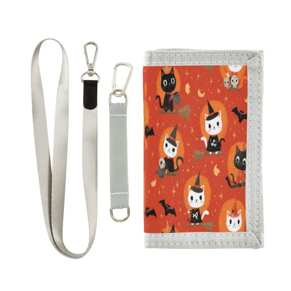Cloth Wallet with Lanyard & Multiple Compartments Fashion Purse Zipper Clutch Bag for Cash Cards Coins Cat Riding A Broom