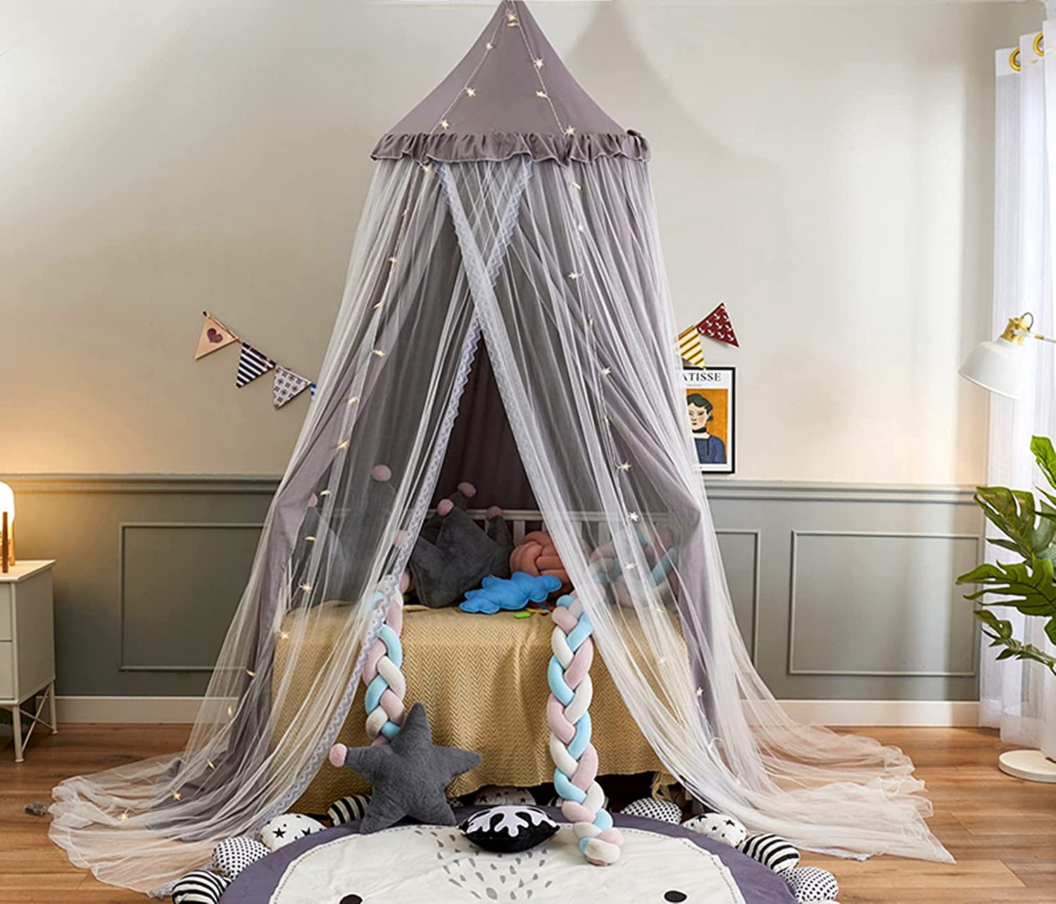 Bed Canopy Double Layer Princess Round Dome Dreamy Mosquito Net Bedding Girls Room Castle Play Tent Hanging House Decor Reading Nook Canopies(Gray/White)