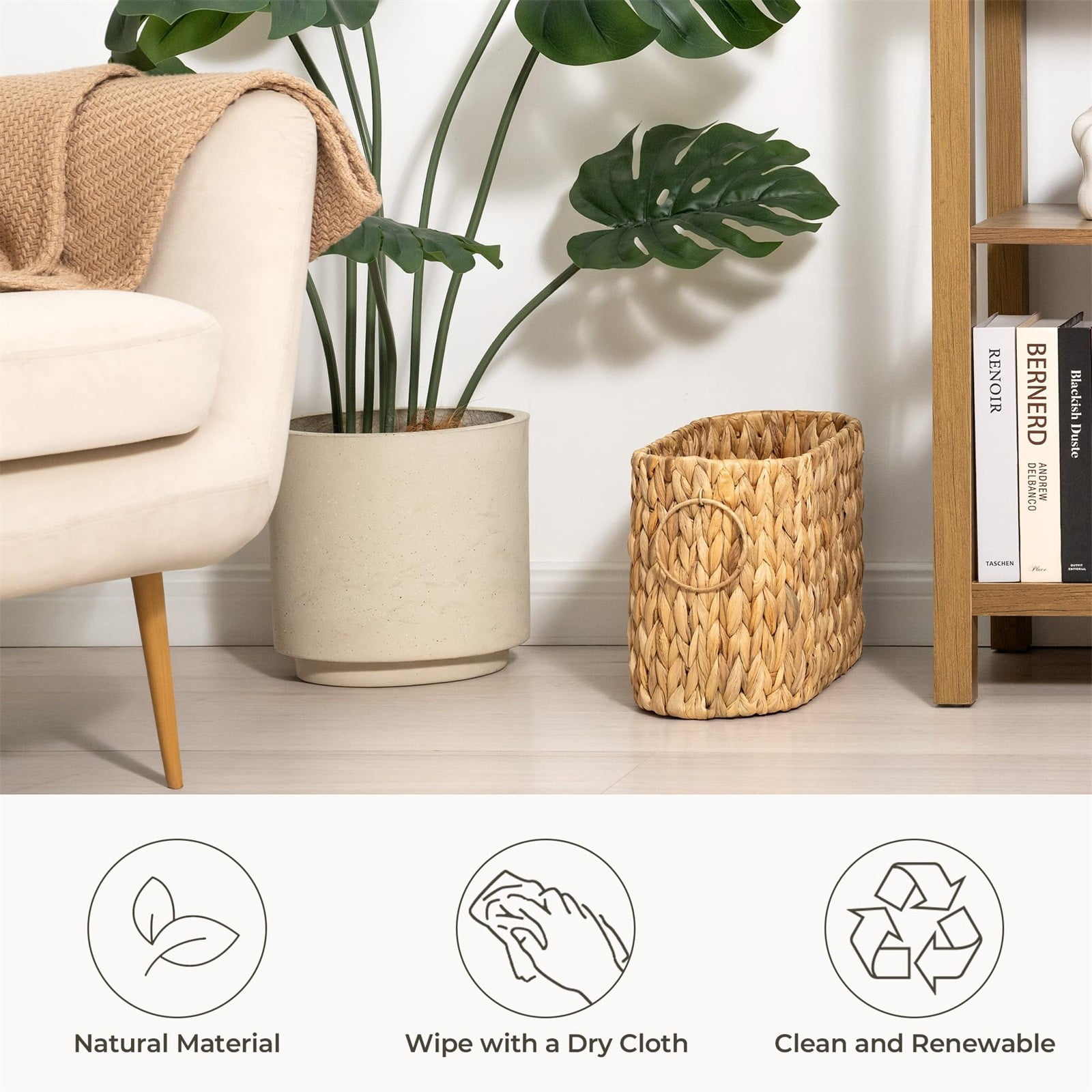 Handwoven Water Hyacinth Storage Basket with Handles, Decorative Organizer for Home, Office, Shelves, Natural Eco-Friendly Woven Bin