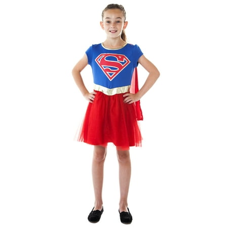 Girls Supergirl Costume Dress Cape Blue Red