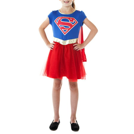 Girls Supergirl Halloween Costume Dress Cape Blue Red