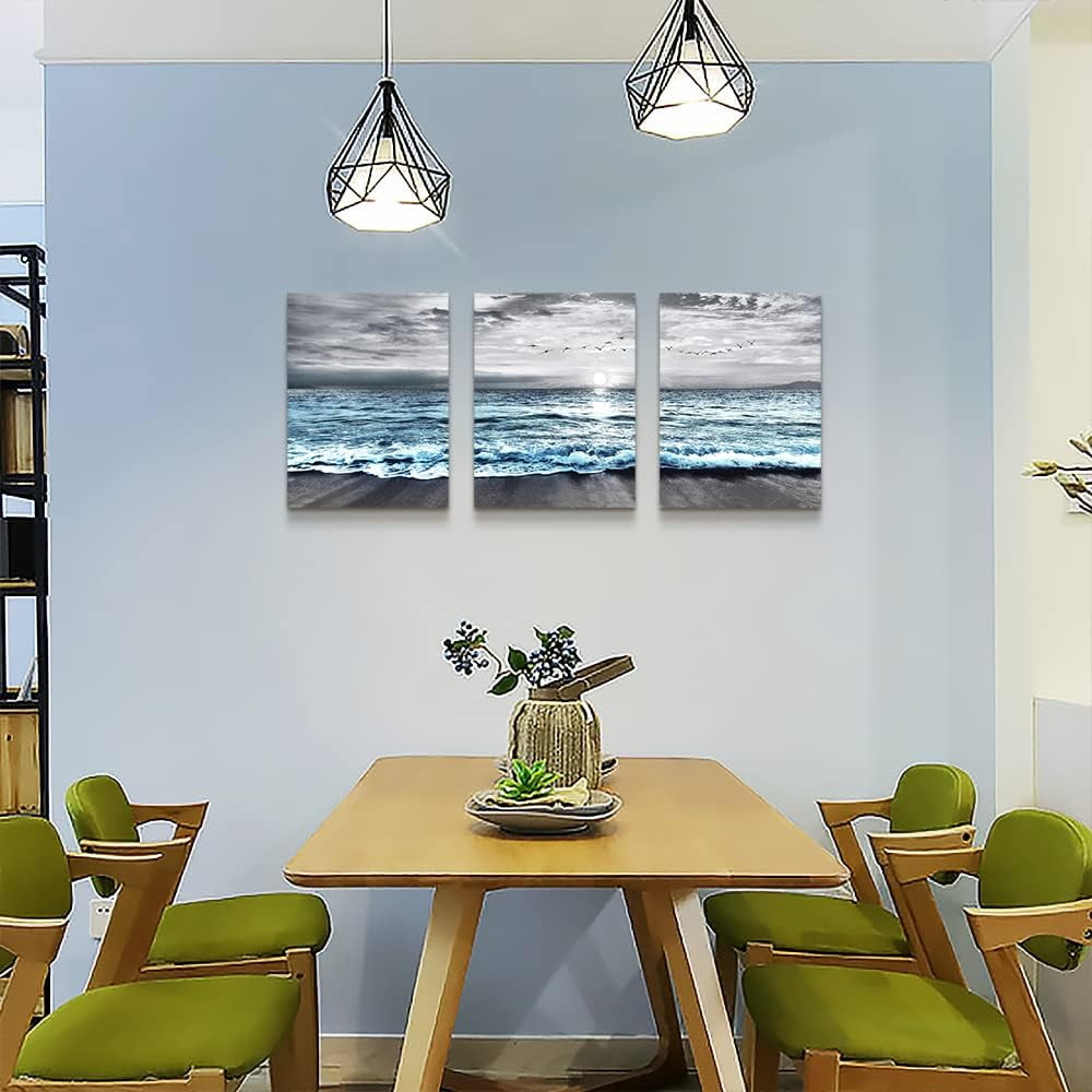 Wall Decorations For Living Room 3 Piece Framed Canvas Wall Art For Bedroom Office Wall Decor Black And White Wall Painting Blue Ocean Sea Wave Pictures Artwork For Modern Beach Posters Home Decor