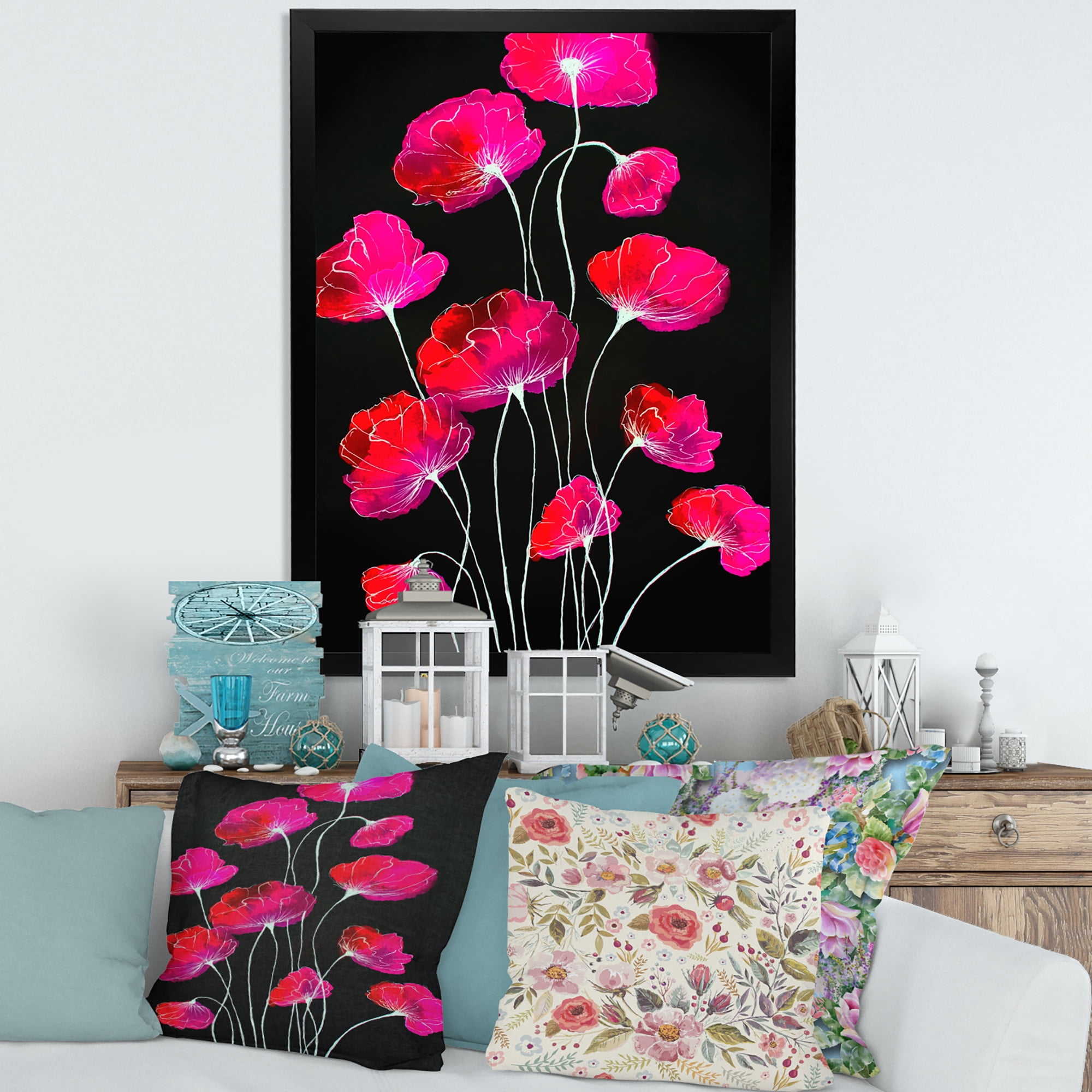 Designart 'Abstract Red Flower Detail On Black Background III' Traditional Framed Art Print