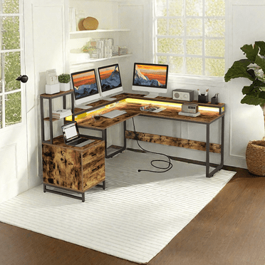 Uforic L Shaped Desk with LED Lights & Hutch Monitor Stand, Reversible Computer Desk Corner Office Desk