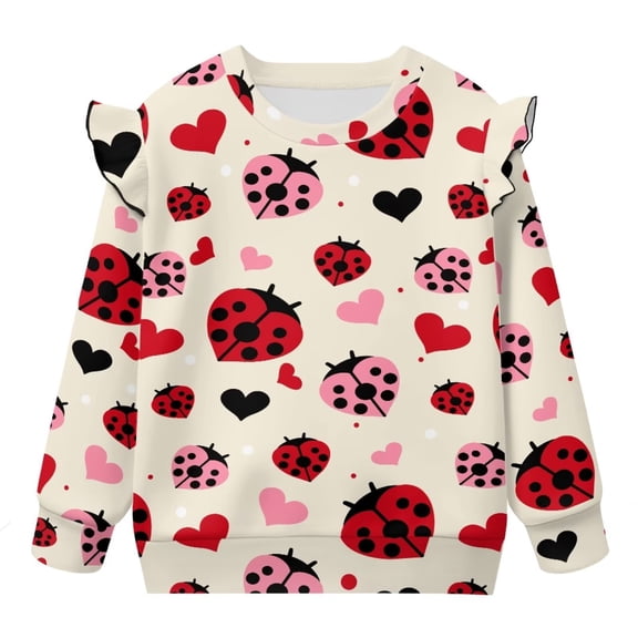 Uorisanigo Girl Sweatshirt Pullover Hoodies Long Sleeve Shirts Ruffle Sleeve Heart Ladybug Sweatshirts for Girls O-Neck Graphic Fall Fashion Tops Size 1-2