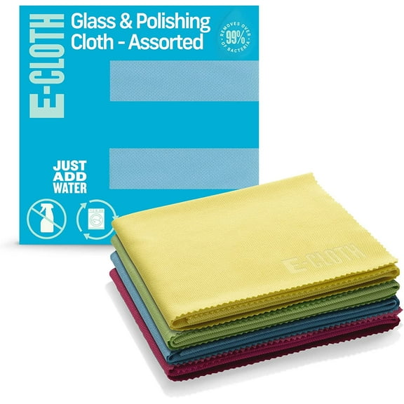 E-Cloth Glass & Polishing Cloths, Premium Microfiber Glass Cleaner, Washable and Reusable, 100 Wash Guarantee, Assorted Colors, 4 Pack
