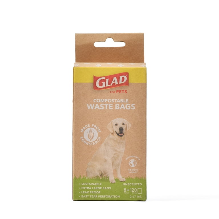 Glad for Pets Compostable Waste Bags Extra Large Size 120 Count Sustainable Dog Waste Bags Made from Cornstarch Certified At Home and Industrially Compostable Poop Bags Walmart