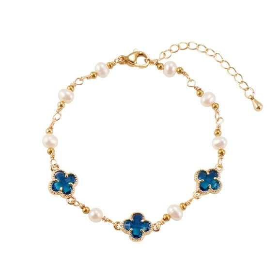 Natural Pearl & Copper Four Leaf Clover Bracelet with Blue Glass Charms, Adjustable Lucky Jewelry for Women, Elegant Gift for Friends