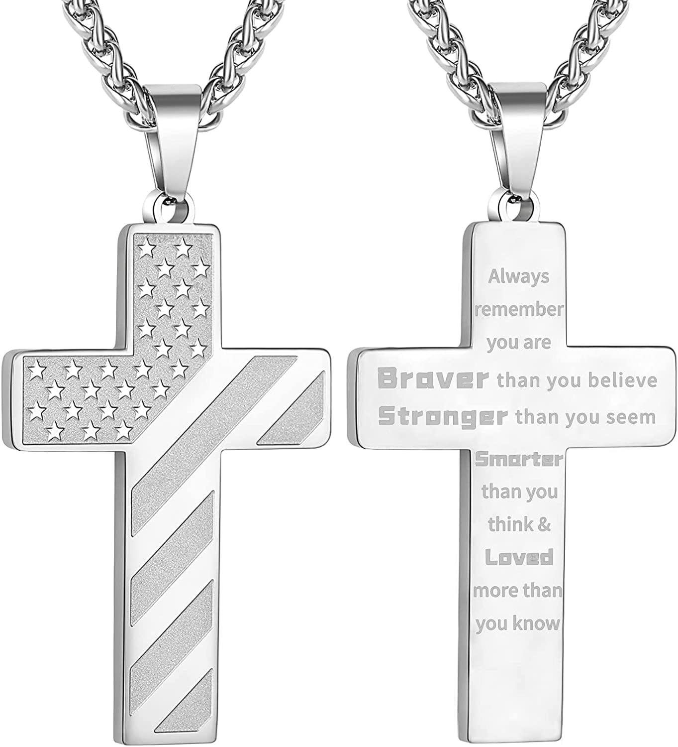 Silver Cross Necklace for Men Bible Verse Stainless Steel American Flag