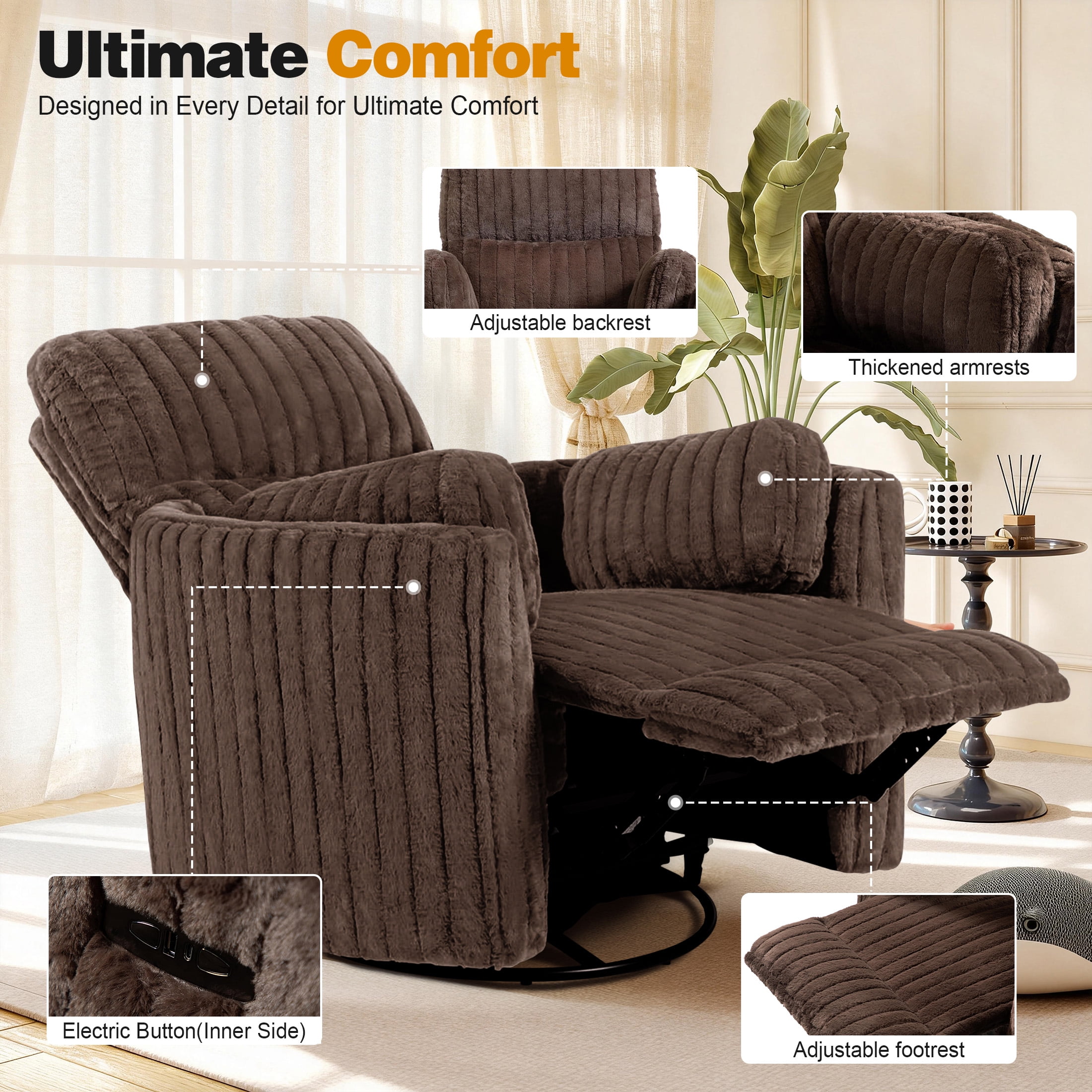 Aukfa Swivel Rocking Glider Power Recliner Chair with 24" Wide Seat & Type-C & USB Ports, Brown