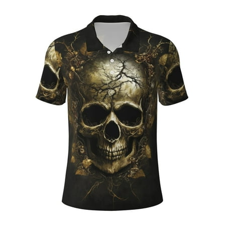 Balery Vintage Gold Leaf Skull Printed Men’s Short Sleeve Polo Shirt Midweight Men s Shirt Golf Polo shirts -X-Large