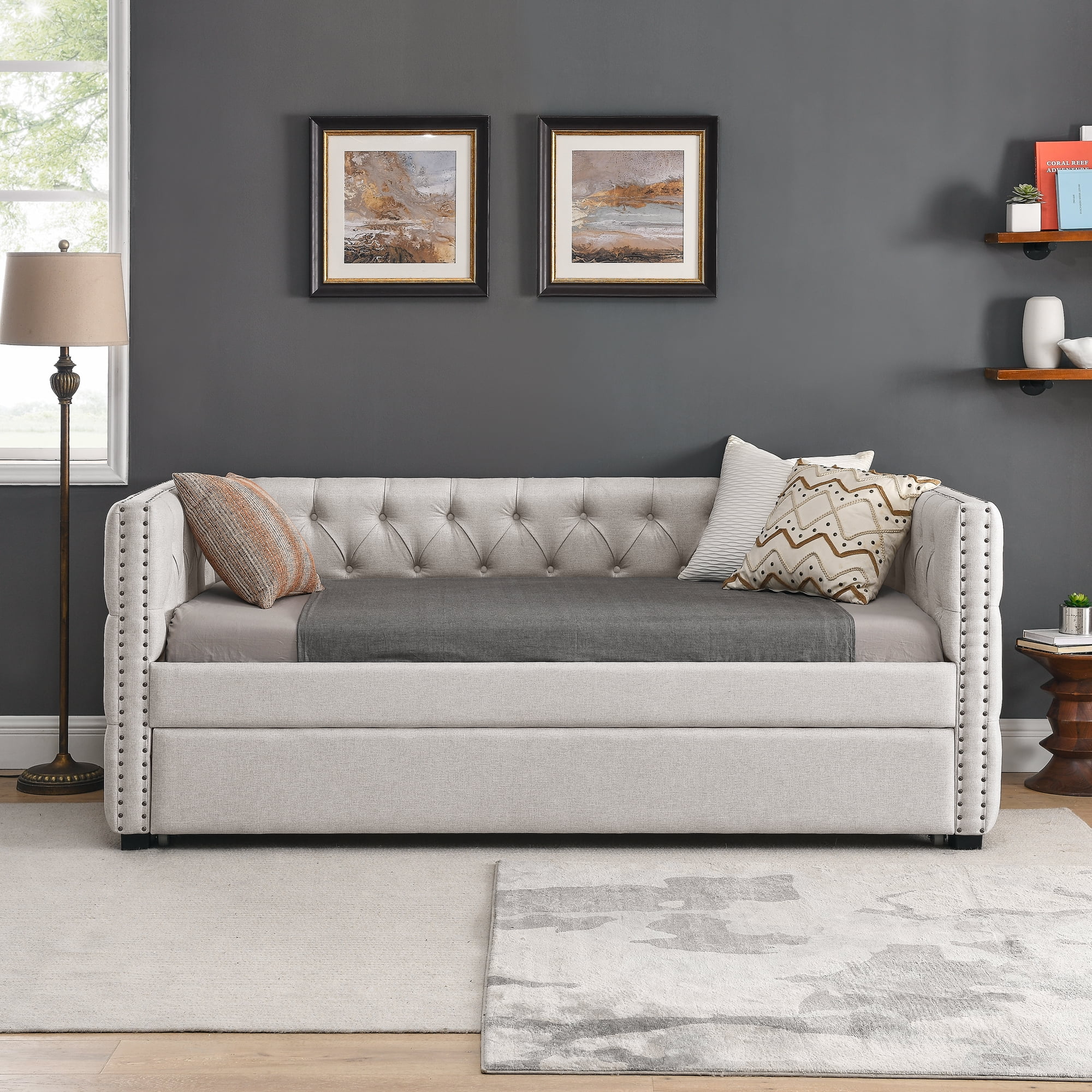 DEALTOPS Upholstered Twin Daybed with Trundle, Modern Wood Day Bed with Button Tufted Pull Out Sofa Bed Daybed with Copper Nail for Living Room - Beige