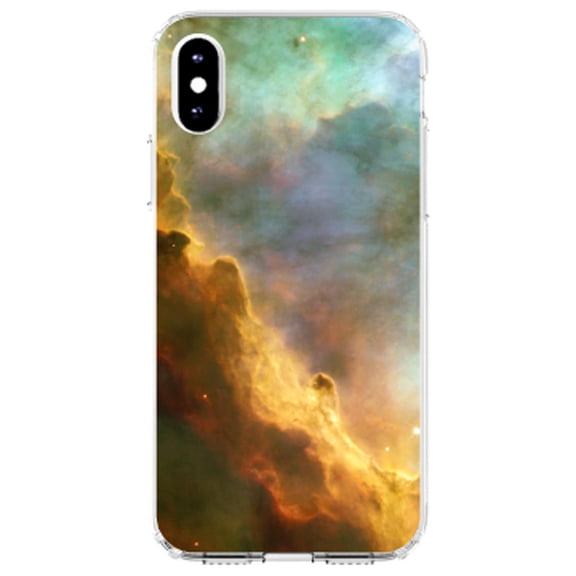DistinctInk Clear Shockproof Hybrid Case for iPhone XR (6.1" Screen) - TPU Bumper, Acrylic Back, Tempered Glass Screen Protector - Blue Orange Red Omega Nebula - Show Your Love of Astronomy