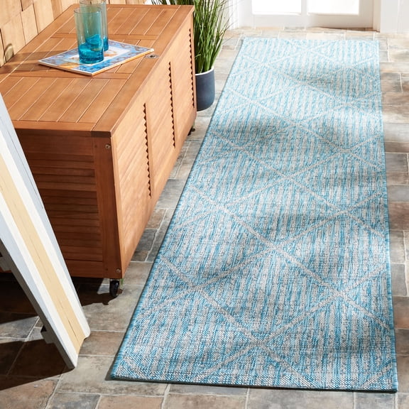 SAFAVIEH Courtyard Corinna Geometric Indoor/Outdoor Runner Rug, Aqua/Grey, 2'2" x 9'