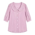 thumbnail image 3 of Women's Striped Shirt with Pan Collar, 3/4 Puff Sleeve Button Down Casual Blouse, 3 of 8