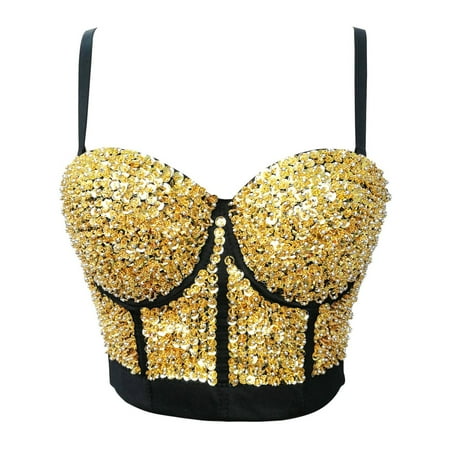 Lovskoo Women s Sparkling Sequins Bustier Crop Top Mesh Corset Top Rhinestone Push Up Corset Top with Detachable Straps Gold