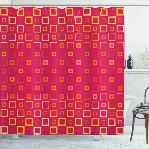 Geometric Shower Curtain, Thin and Bold Squares on Pink Backdrop Abstract Modern Composition, Fabric Bathroom Set with Hooks, 69W X 75L Inches Long, Yellow Orange Magenta, by Ambesonne