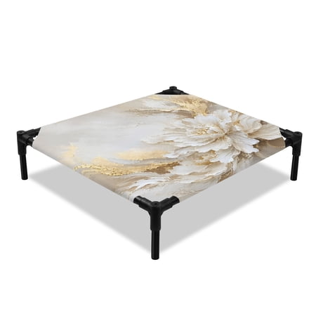 White Peony Elevated Dog Bed Abstract Floral Golden Leaf Impasto Relief Texture Cooling Breathable Outdoor Raised Dog Cot Bed with Metal Frame Non-Slip Feet for Small Dog 20x20in