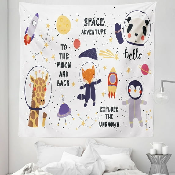 Astronaut Tapestry, Space Adventure Explore the Unknown to the Moon and Back Funny Animals, Fabric Wall Hanging Decor for Bedroom Living Room Dorm, 5 Sizes, White and Multicolor, by Ambesonne