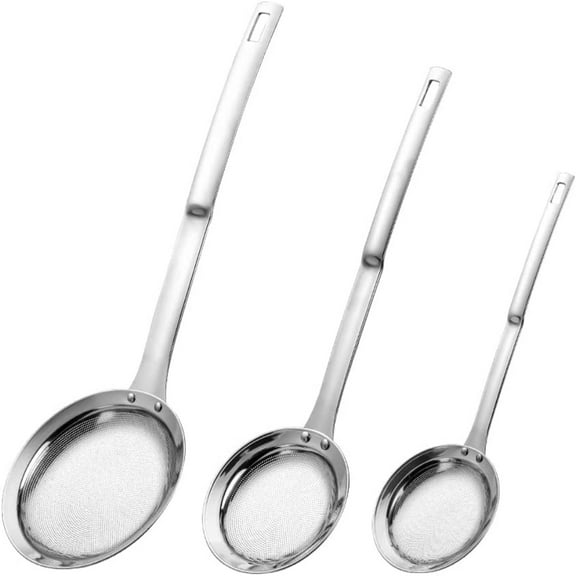 Sieve Fine Mesh Strainer Set, 3 Pack Stainless Steel Metal Flat Cooking Skimmer Ladle Colander with Handle Food Strainer Kitchen Tools for Kitchen Baking Oil Filter Flour Sifter Foam