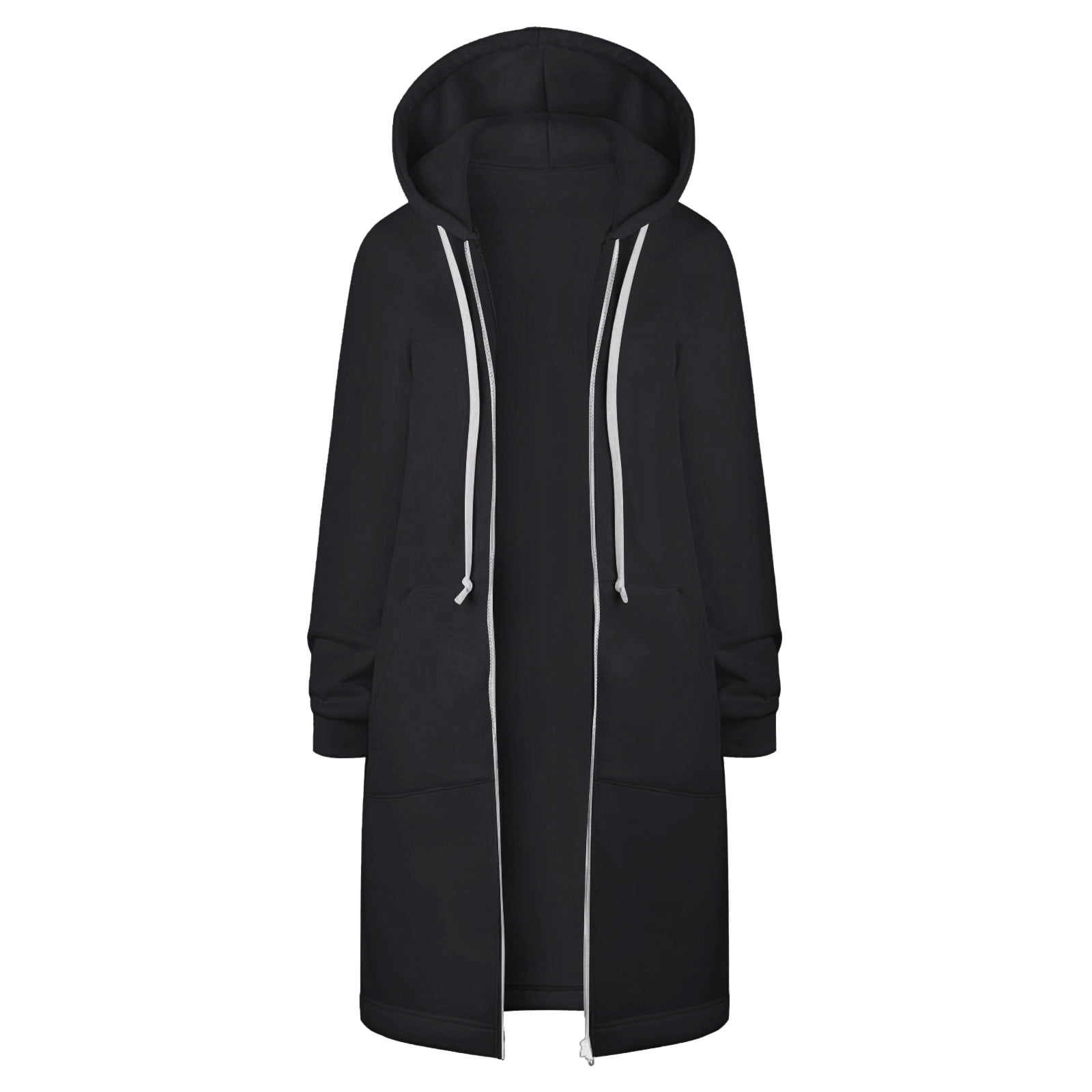 Scyoekwg Long Coats for Women Overcoat Long Sleeve Hooded Neck Coat Solid Color Casual Jacket Plus Fleece Insert Pocket Hooded Zipper Mid Length Sweater Black L