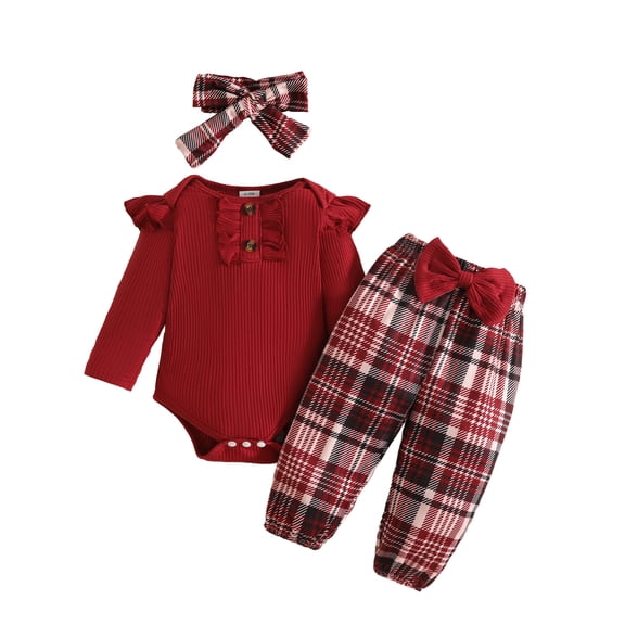 Karoyedx Toddler Fall Clothes Girl Newborn Baby Girl Fall Outfit Long Sleeve Romper Bodysuit Print Pants Headband Wine Size,9-12 Months