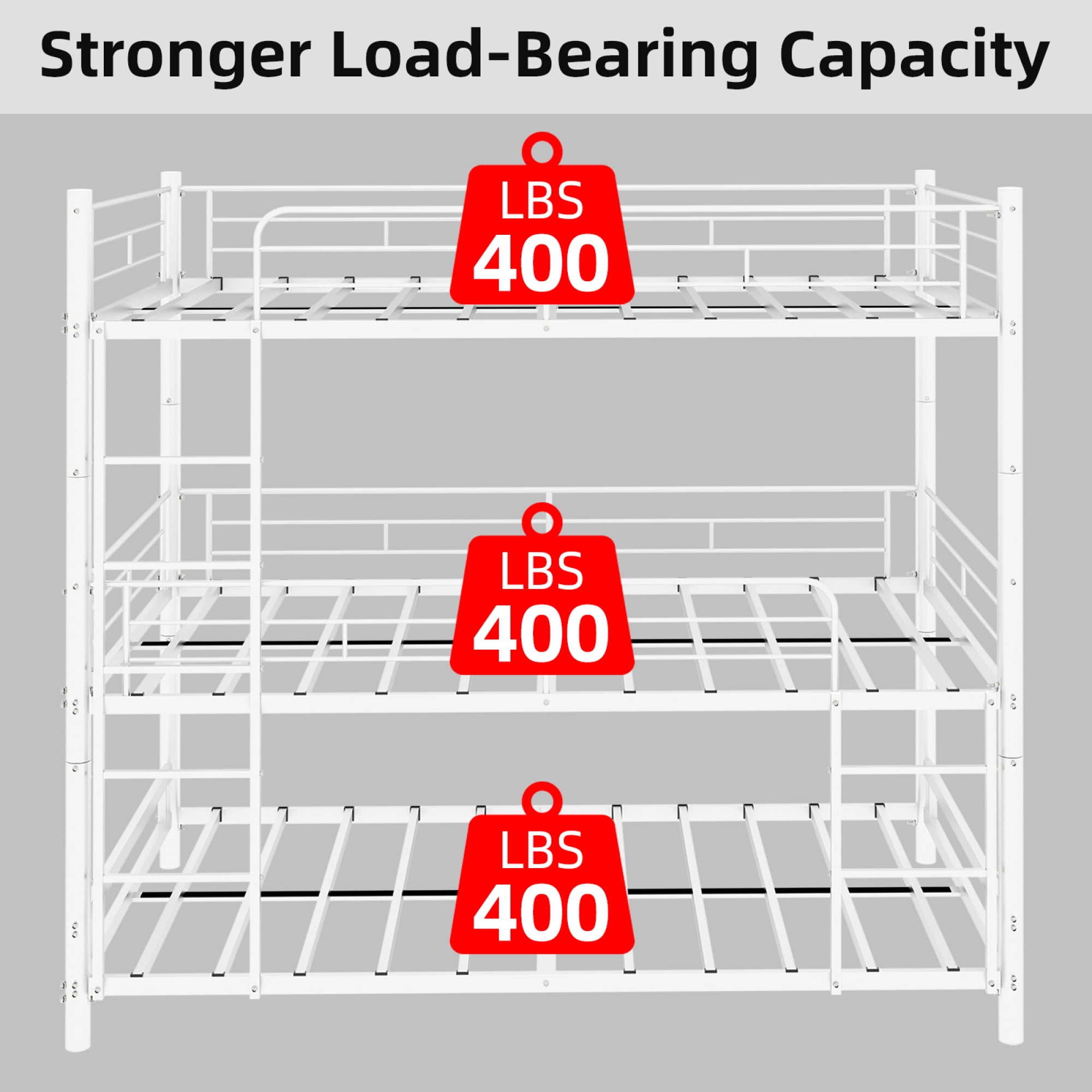 Metal Triple Bunk Bed, Twin Over Twin Over Twin Heavy Duty Bunkbeds with Full-Length Guardrail Family-Friendly for All Ages, Bedroom, No Box Spring Needed, Easy Assembly