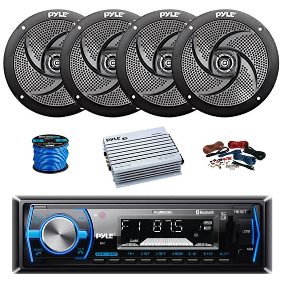 Pyle PLMRB29B Single DIN Bluetooth MP3 In-Dash Stereo Receiver, 4-Channel Amplifier w/Install Kit, 4X 5.25" 180 Watt 2-Way Slim Low Profile Audio Speakers (Black) w/ Wire