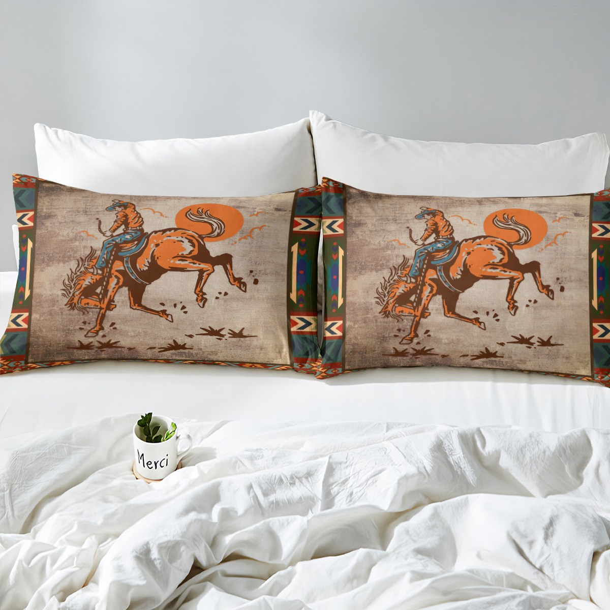  Grey Horses 100% Cotton Duvet Cover for Boys Men,Western  Farmhouse Animals Tribal Decor Breathable Comforter Cover,Abstract  Geometric Symbols Comforter Cover 2 Pcs with 1 Pillowcase Twin Size : Home  & Kitchen