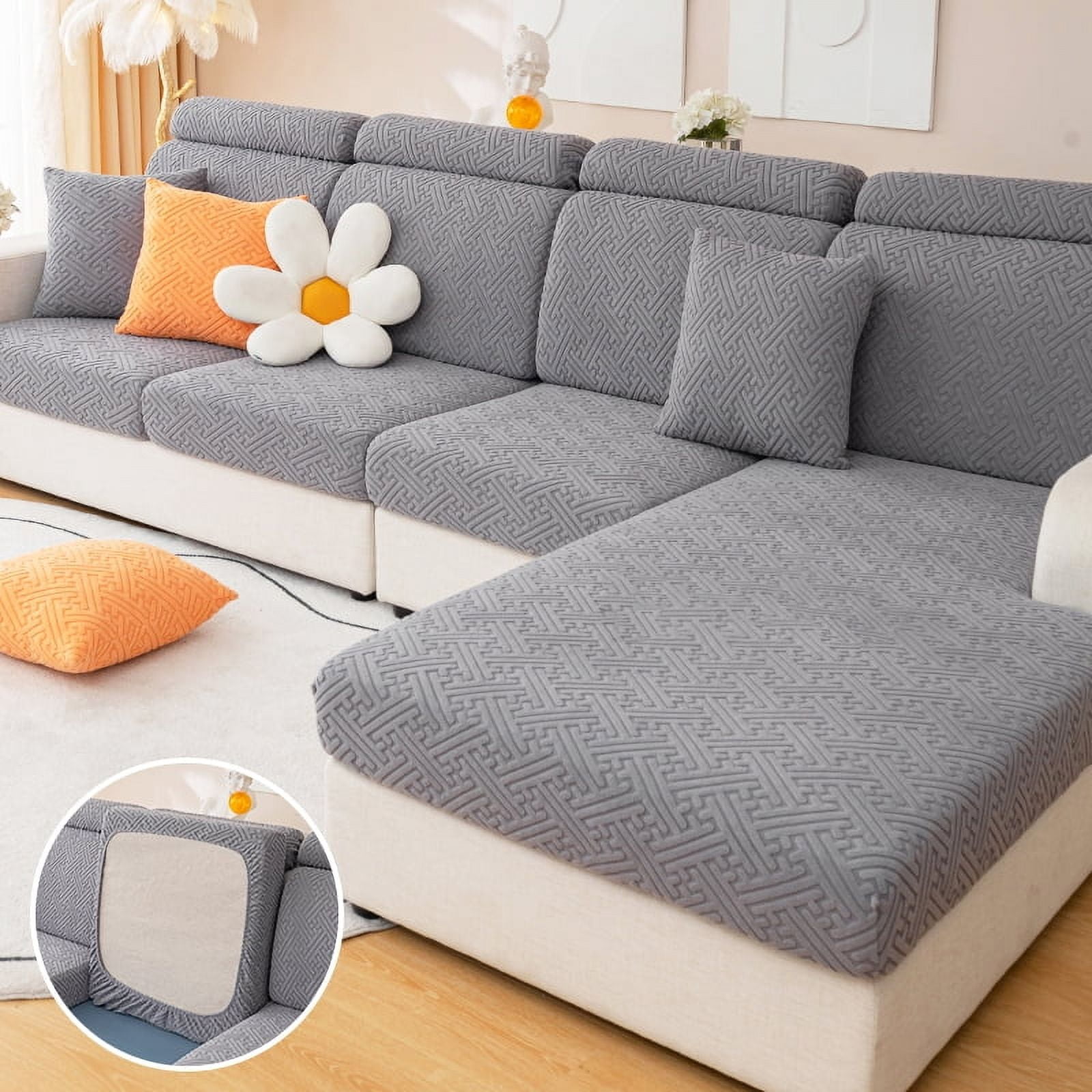 Wear-Resistant Universal Sofa Cover, Stretch Couch Cushion Slipcovers Replacement, Anti-Slip L Shape Sofa Covers, Chaise Lounge Slipcover Single Seat (Dark gray)