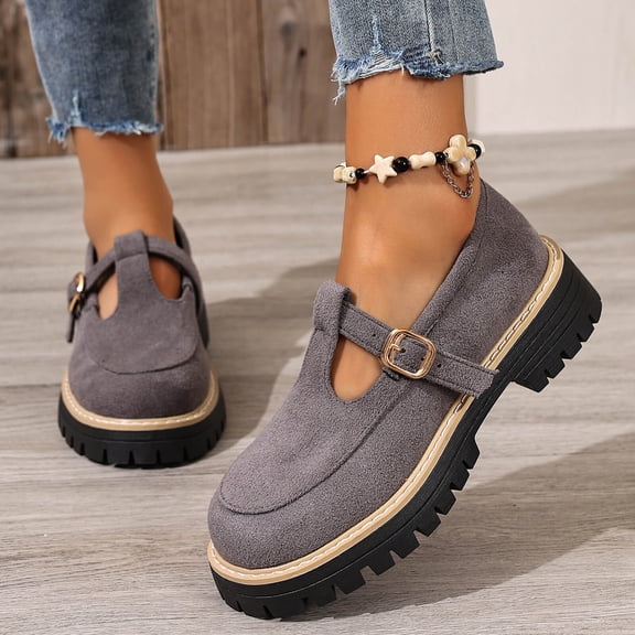 ZunFeo Chunky Mary Jane Platform Shoes for Women Velour Buckle Flats Retro Casual Comfortable Walking Shoes T-Strap Gray,Size 6.5
