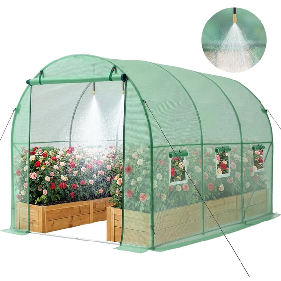VEVOR Walk-in Tunnel Greenhouse, 10 x 7 x 7 ft Hoop House Greenhouse Tunnel with Watering System, Plant Hot House with Steel Frame, PE Cover, Roll-Up Zipper Door and 6 Windows for Outdoors, Green