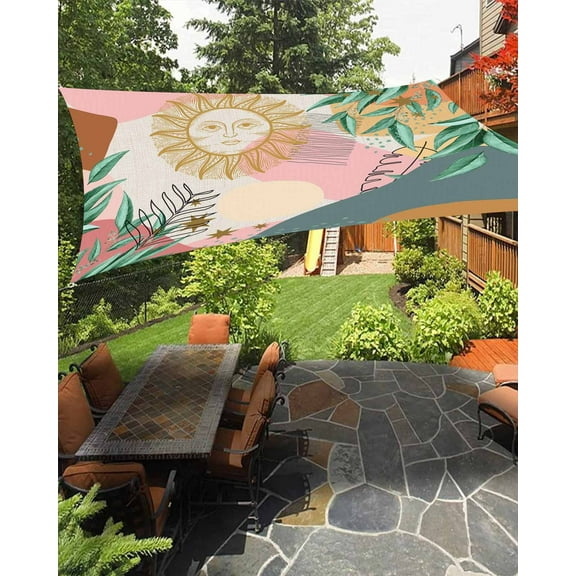 Sun Shade Sail 6.5x10Ft Boho Abstract Geometric Sun Plant Leaves Linen Uv Block Sunshade Canopy Outdoor Shade Cover Rectangle Shade Cloth For Patio Garden Yard Deck Pergola