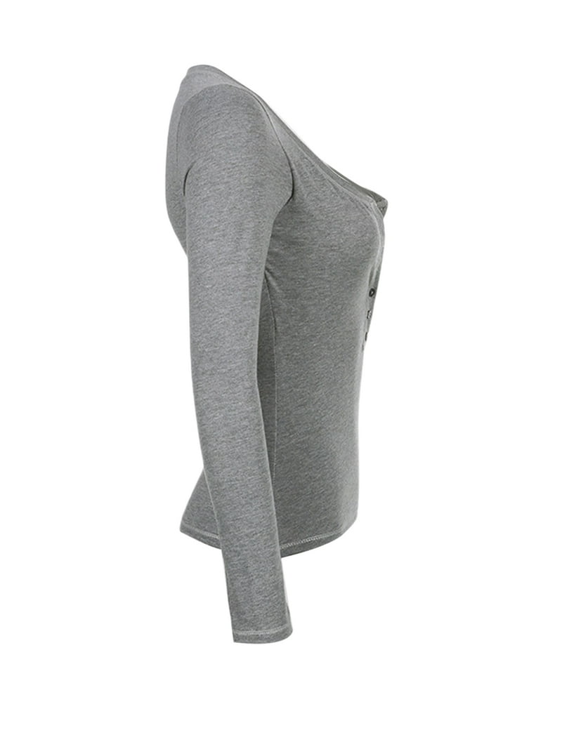 ◇KHAKIPOINT◇ Ribbed Button Tshirt gray JYYYBF Womens Long Sleeve Henley Tops Casual Button Up Tunic